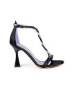 Sandali in raso nero con fasce in micro strass