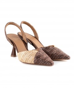 Sandali chanel in pelle e raffia marrone e beige