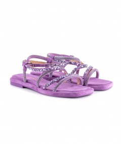 Sandalo con pietre, microstrass e camoscio viola