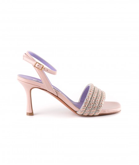 Sandalo in pelle cipria con strass