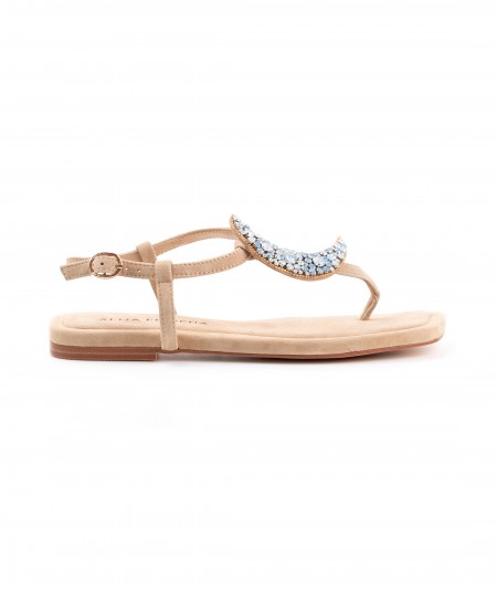 Sandalo infradito in camoscio beige con accessorio gioiello