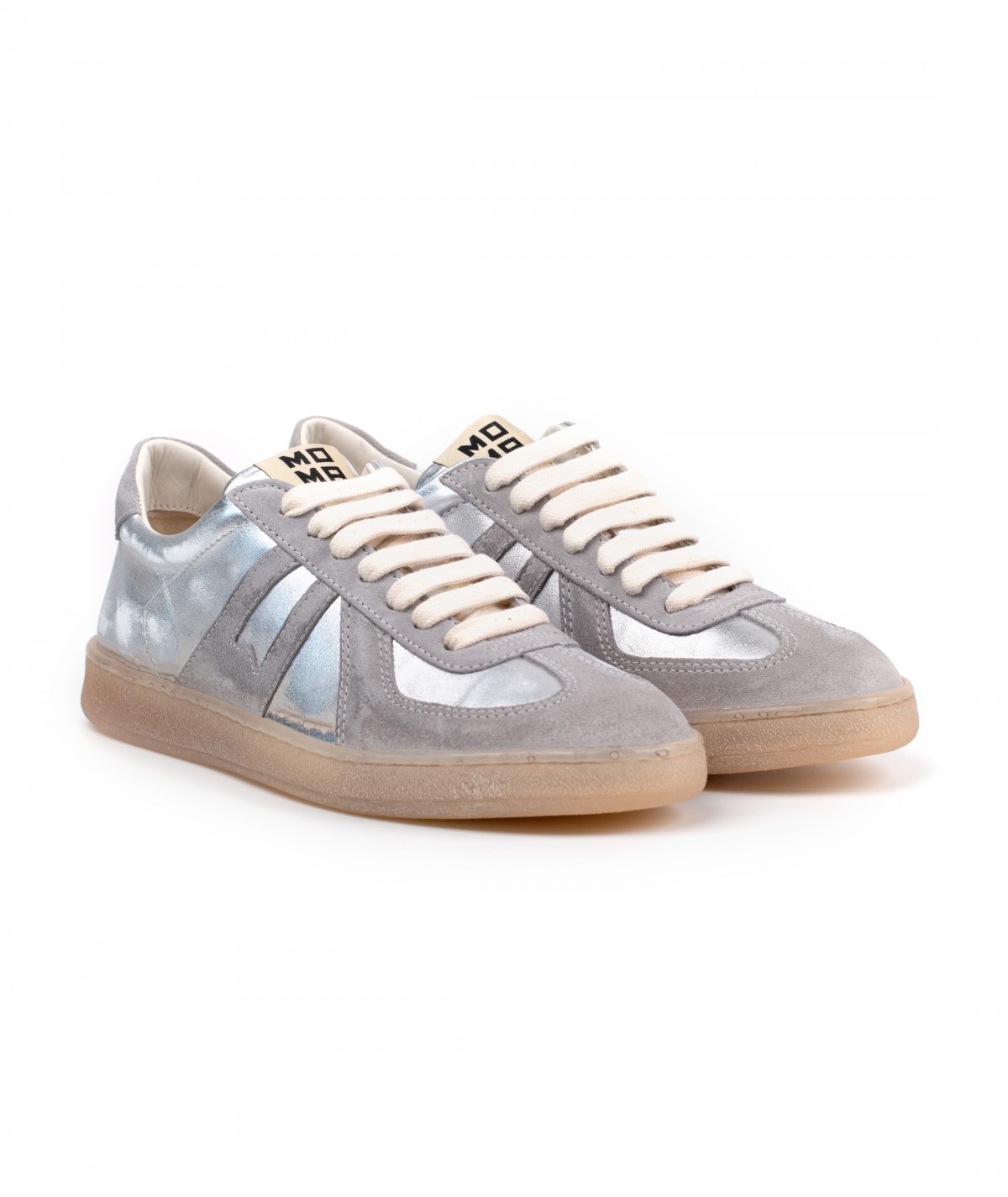 Sneaker in camoscio grigio e pelle argento