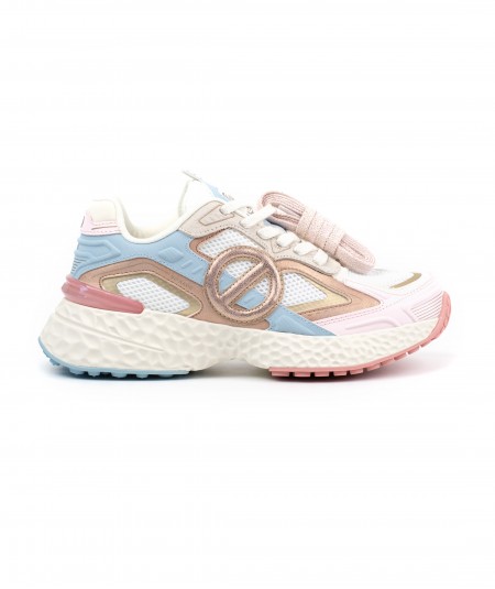 Sneaker in pelle rosa, bianca, celeste e rete bianca