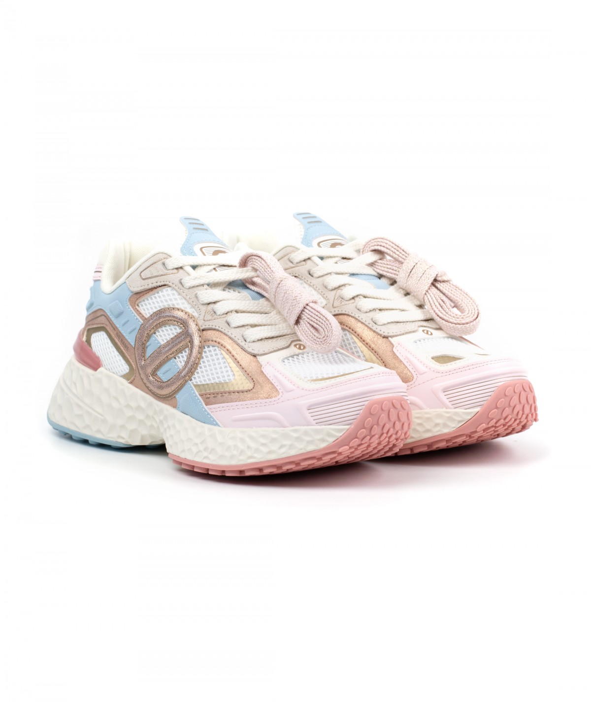 Sneaker in pelle rosa, bianca, celeste e rete bianca