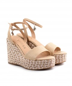 Sandalo Guess in pelle beige con zeppa e allaccio alla caviglia