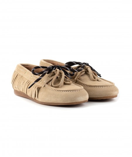 Mocassino Antica Bottega in camoscio beige con frange